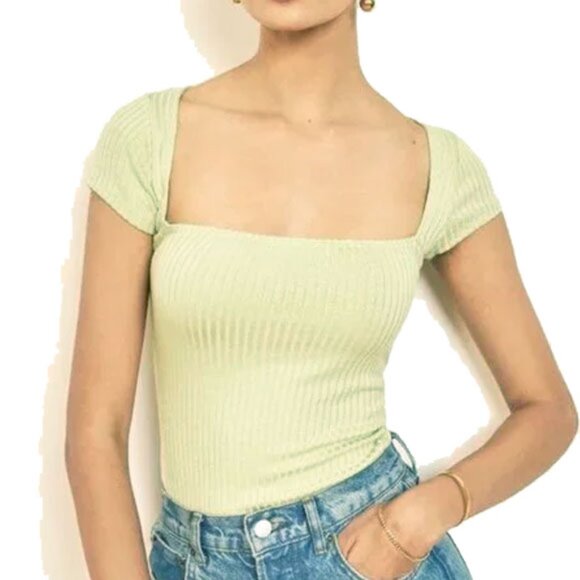 Reformation Bardot Square Neck Ribbed Knit Tencel Cap Sleeve Top M Limon Green - Picture 1 of 7